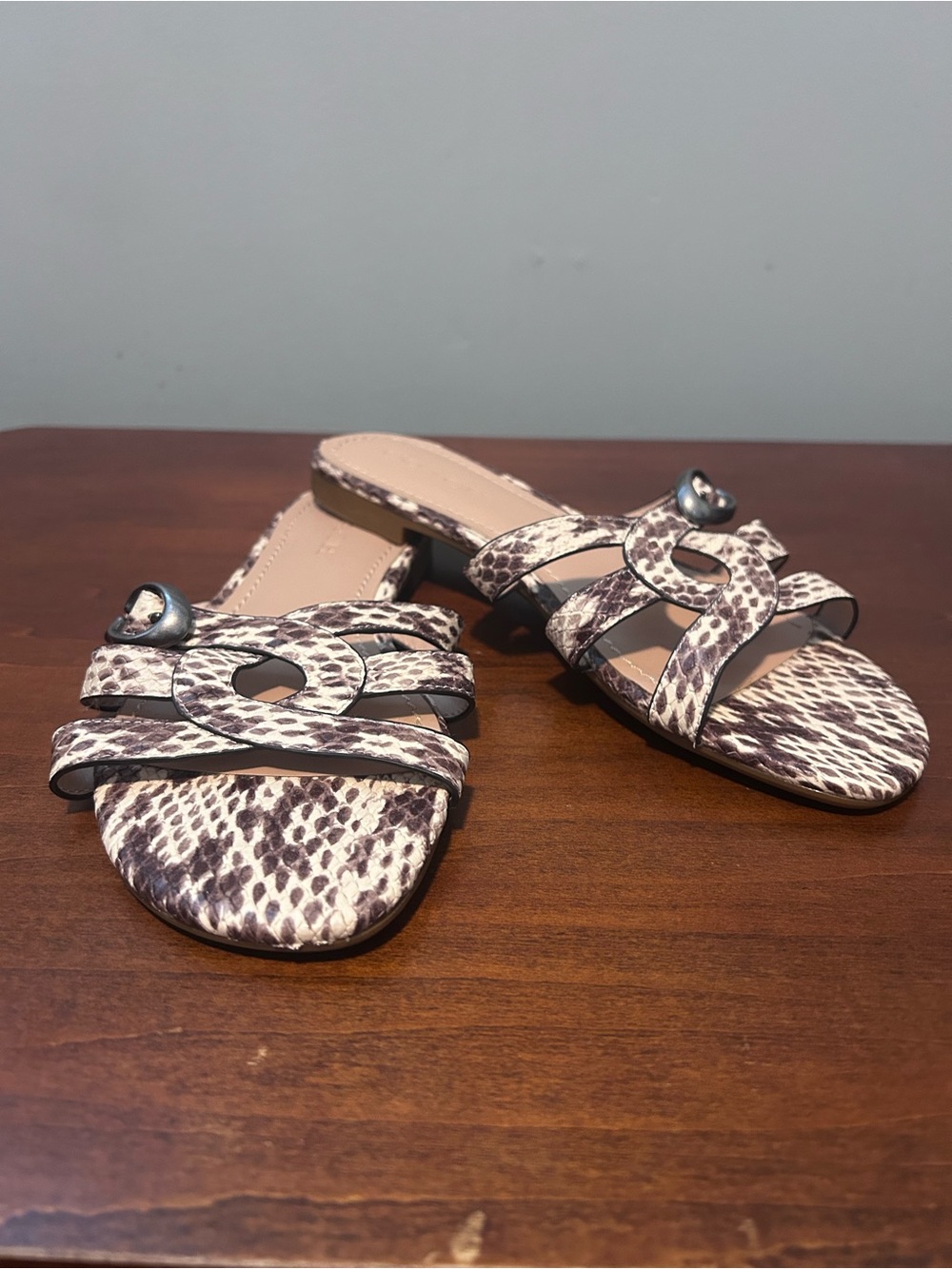 COACH Kennedy Neutral Snake-Print Slide Sandals Logo C metal buckle 9.5 M